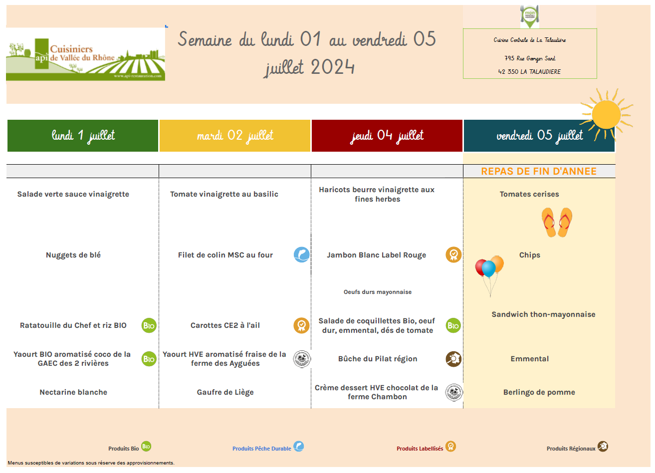 Menus du 01 au 05 juillet 2024